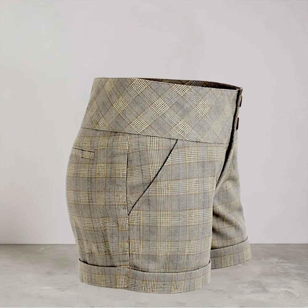 New Celebrity Pink Plaid High-Waist Cuffed Women's Shorts - Beige Plaid